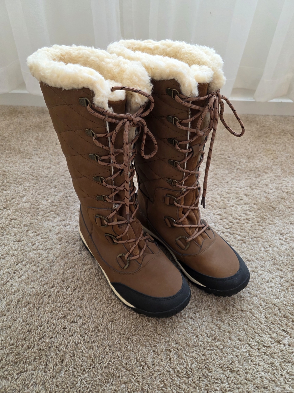 BearPaw Brown Tall Lace-Up Winter Boots with Cream Faux-Shearling Cuff